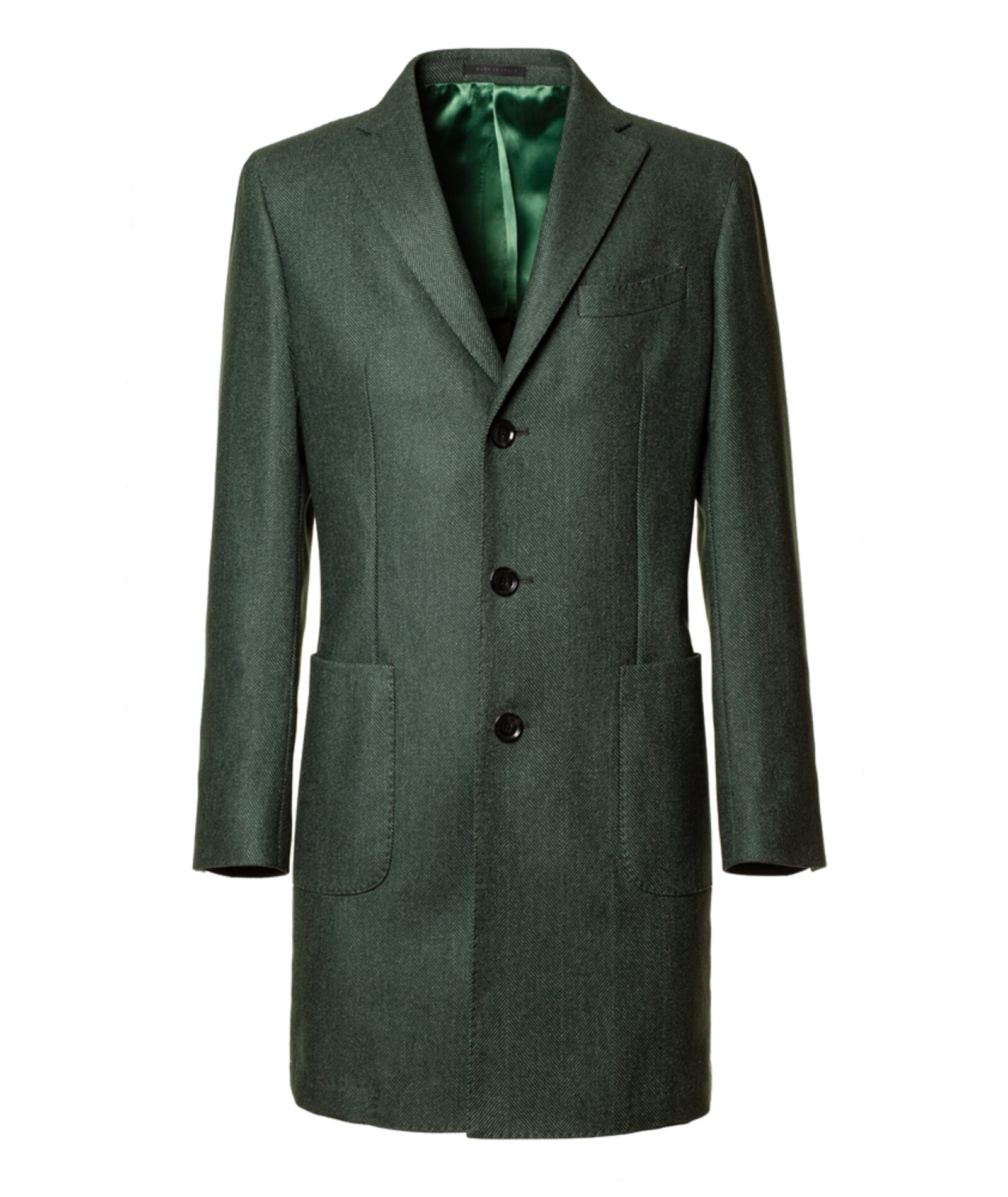 Image of Cappotto da uomo su misura, Tessitura di Quaregna, Traveller Verde Macro Spigato, Quattro Stagioni | Lanieri