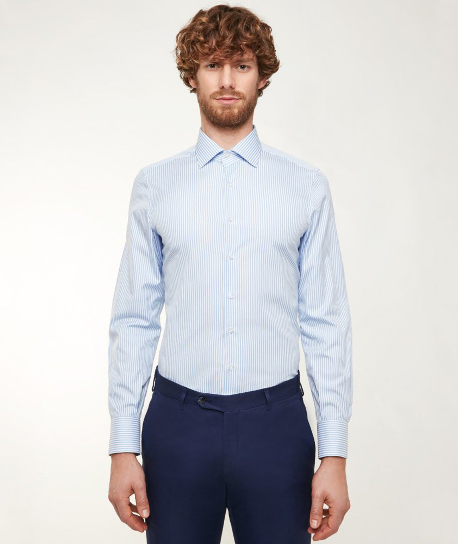 Image of Camicia da uomo su misura, Thomas Mason, Righe Azzurre Pinpoint, Quattro Stagioni | Lanieri