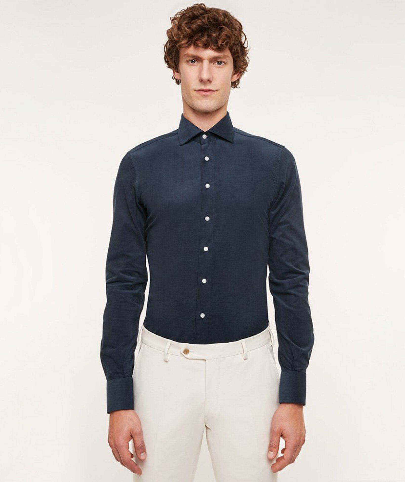 Image of Camicia da uomo su misura, Canclini, Velluto Millerighe Blu 100% Cotone, Autunno Inverno | Lanieri