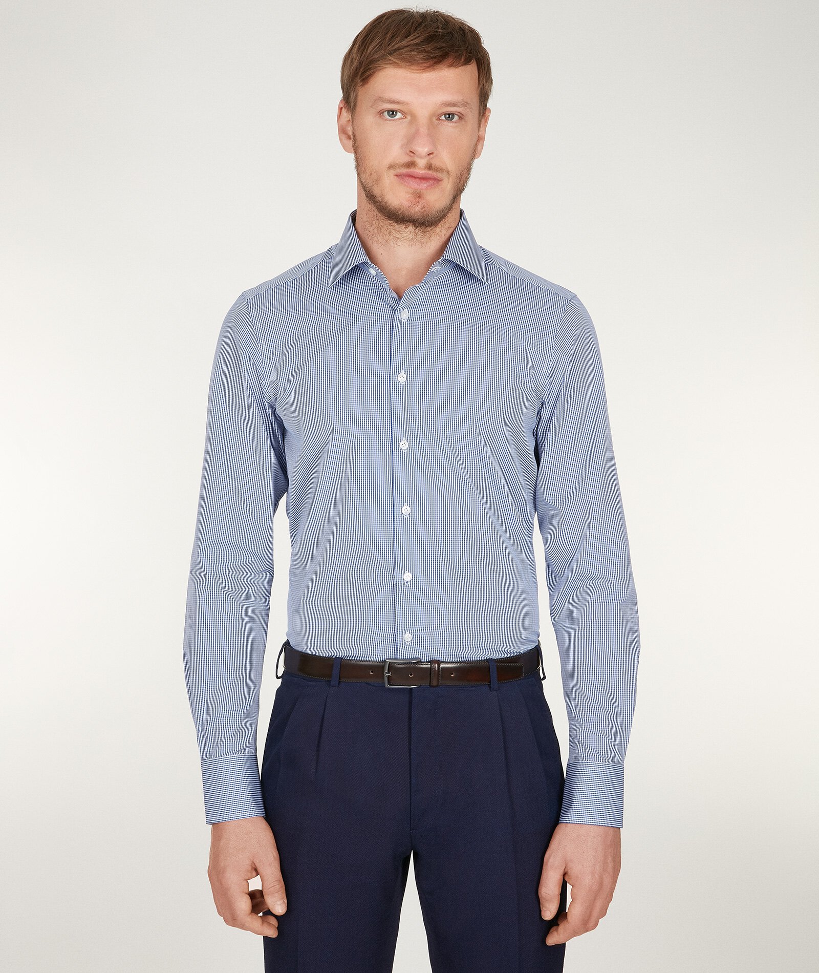 Image of Camicia da uomo su misura, Ibieffe, Cotone Popeline Quadri Blu, Quattro Stagioni | Lanieri