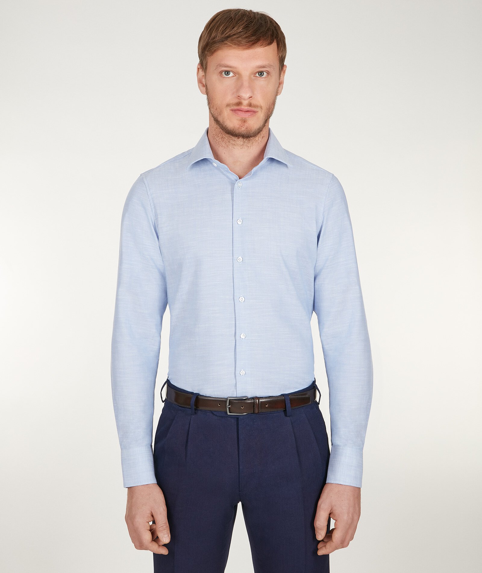 Image of Camicia da uomo su misura, Albini, Cotone Pinpoint Azzurro, Quattro Stagioni | Lanieri