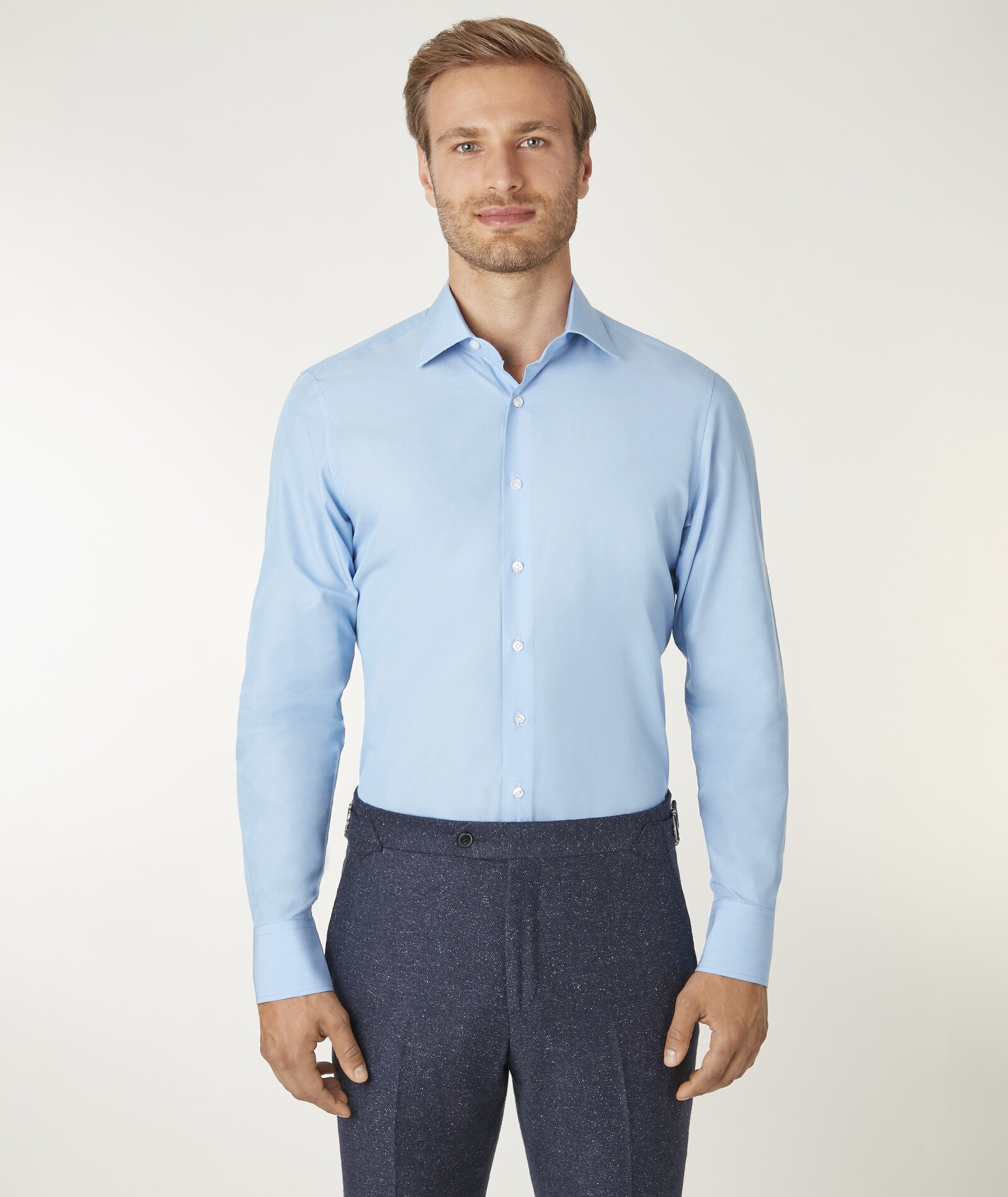 Image of Camicia da uomo su misura, Canclini, Cotone Tencel Azzurro, Quattro Stagioni | Lanieri