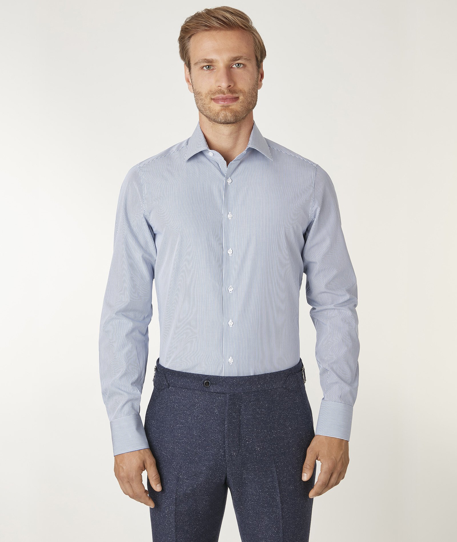 Image of Camicia da uomo su misura, Canclini, 100% Cotone Popeline Blu, Quattro Stagioni | Lanieri