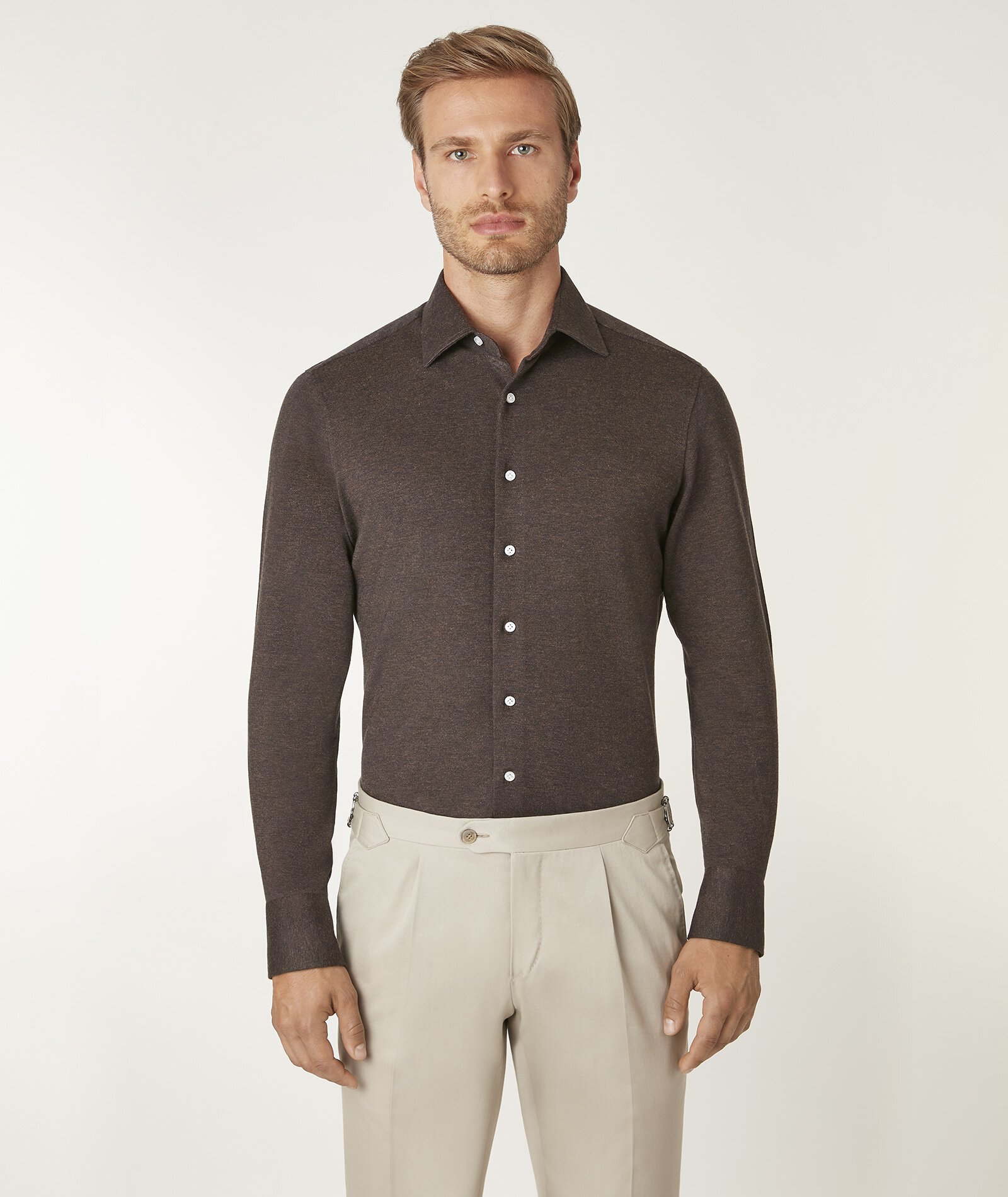 Image of Camicia da uomo su misura, Maglificio Maggia, Cotone Cashmere Jersey Marrone, Autunno Inverno | Lanieri