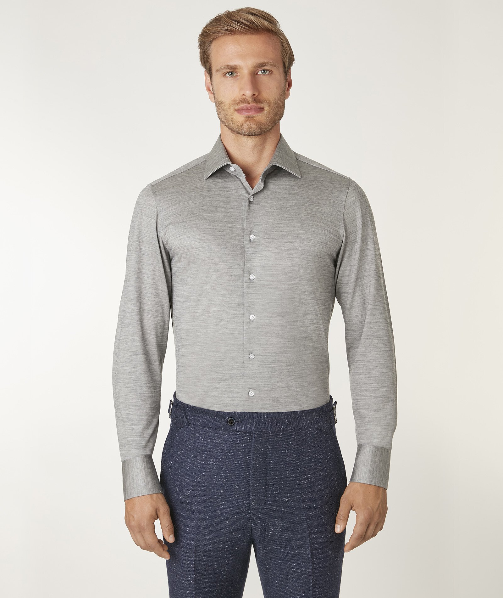 Image of Camicia da uomo su misura, Reda Active, Lana Jersey Grigio, Quattro Stagioni | Lanieri