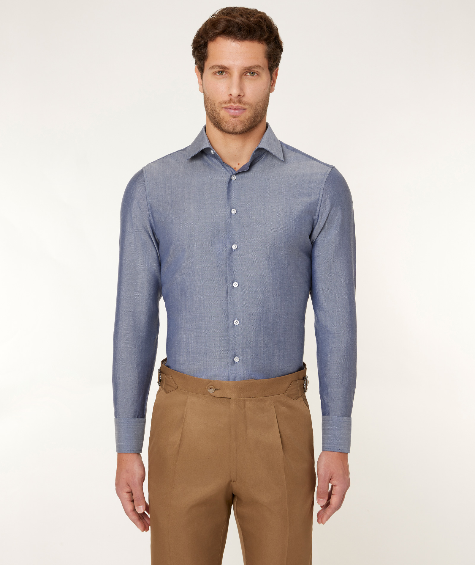 Image of Camicia da uomo su misura, Reda Active, Azzurro Scuro Stretch Lana Merino, Quattro Stagioni | Lanieri