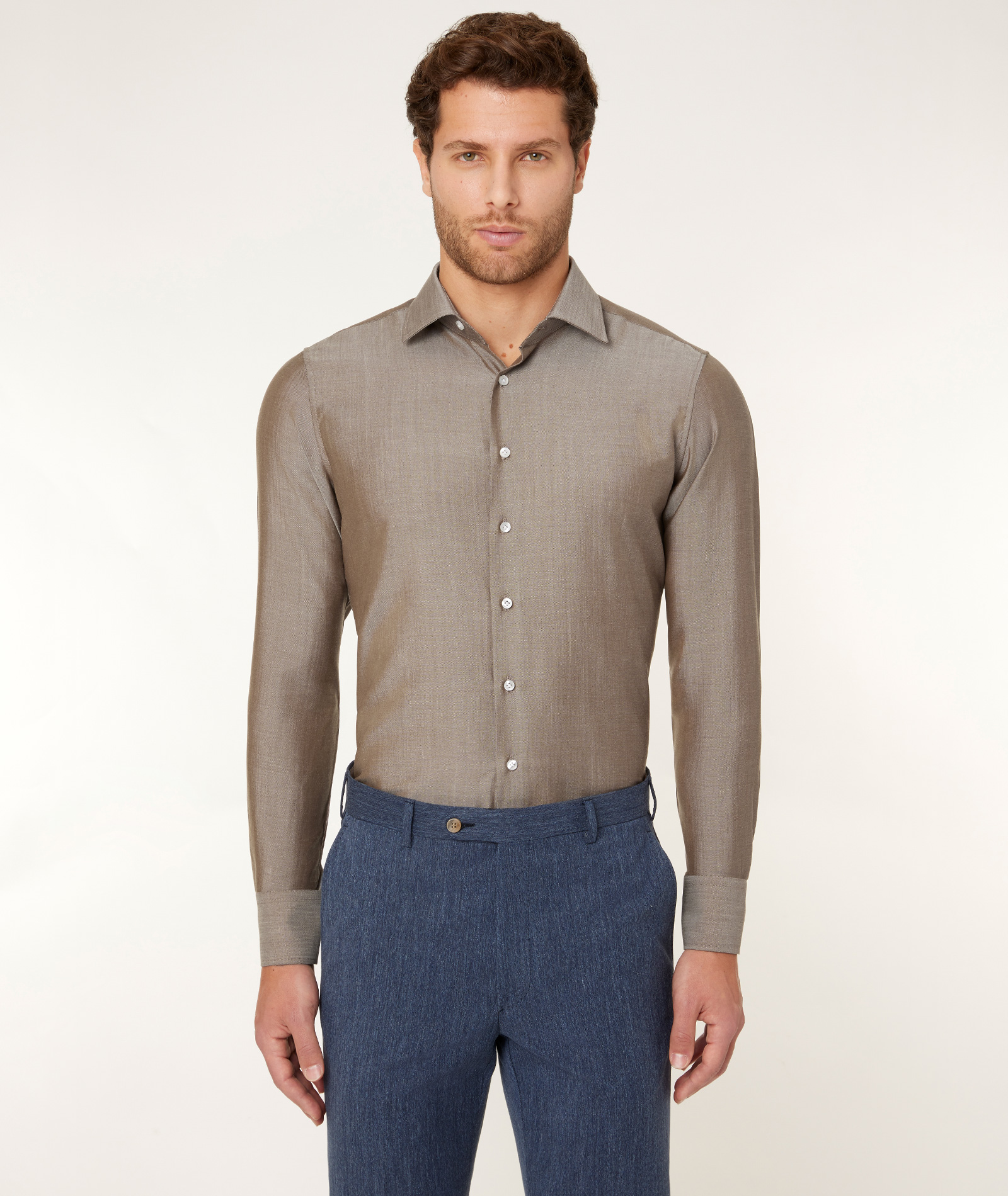 Image of Camicia da uomo su misura, Reda Active, Beige Pinpoint 100% Lana Merino, Quattro Stagioni | Lanieri