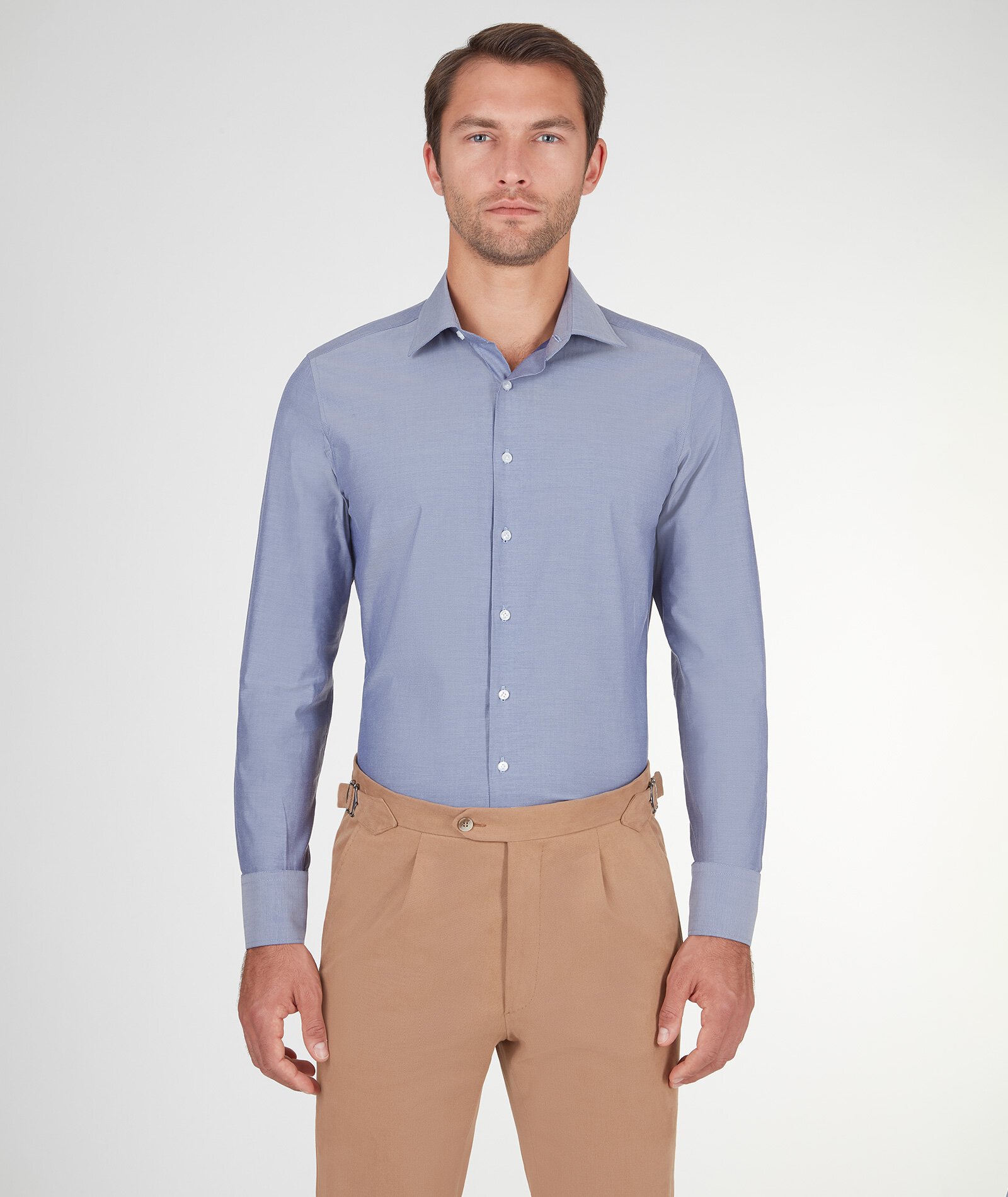 Image of Camicia da uomo su misura, Alfatex, Blu in Twill di Cotone, Quattro Stagioni | Lanieri