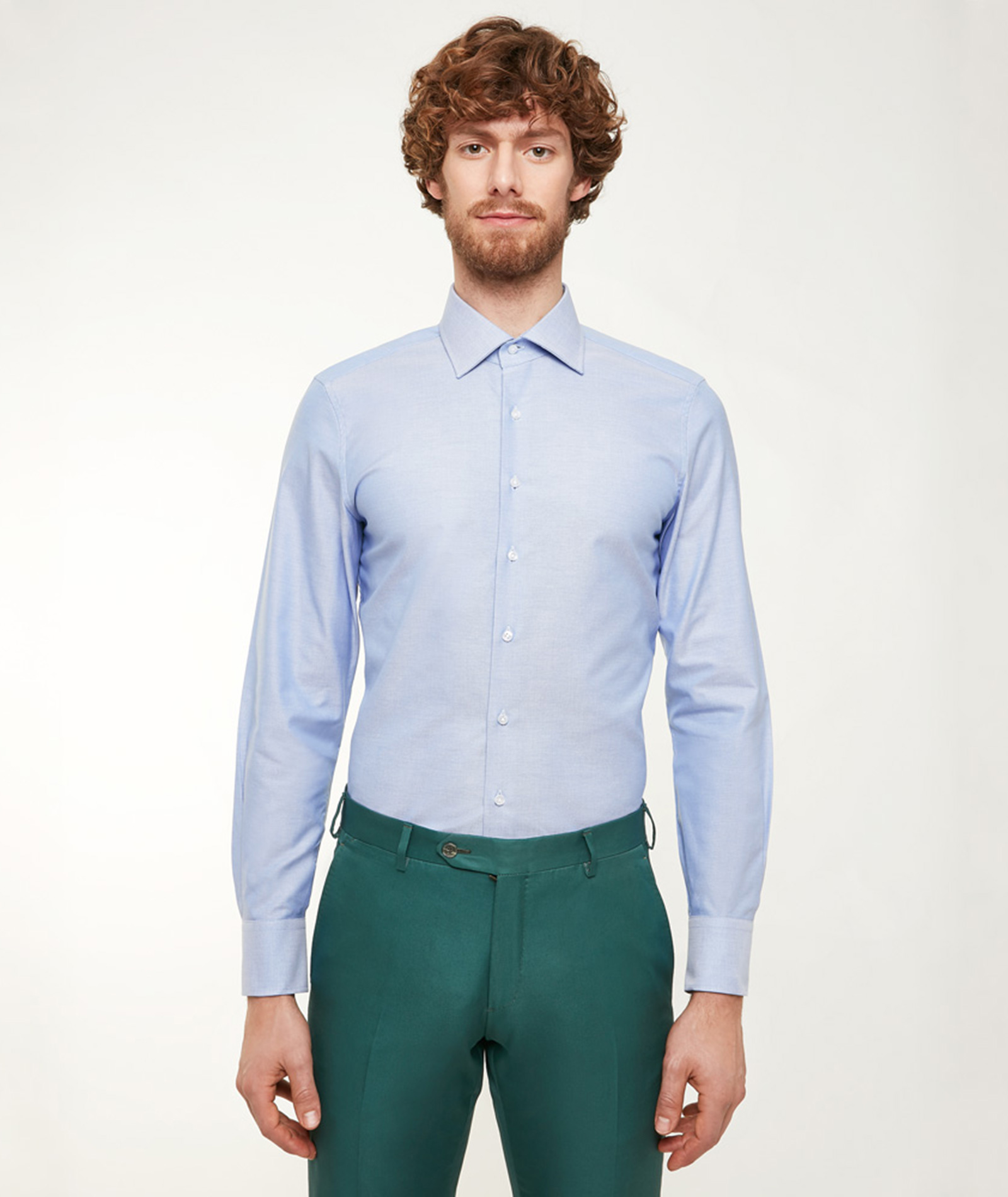 Image of Camicia da uomo su misura, Alfatex, Azzurra in Oxford di Cotone, Quattro Stagioni | Lanieri