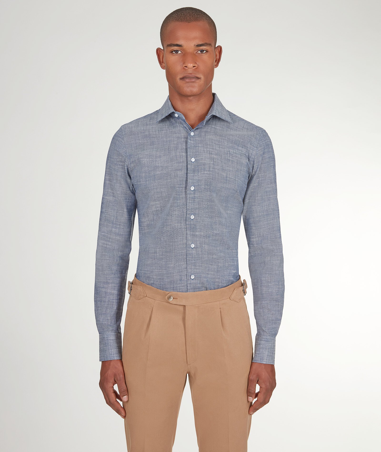 Image of Camicia da uomo su misura, Canclini, Azzurra in Denim di Cotone, Quattro Stagioni | Lanieri