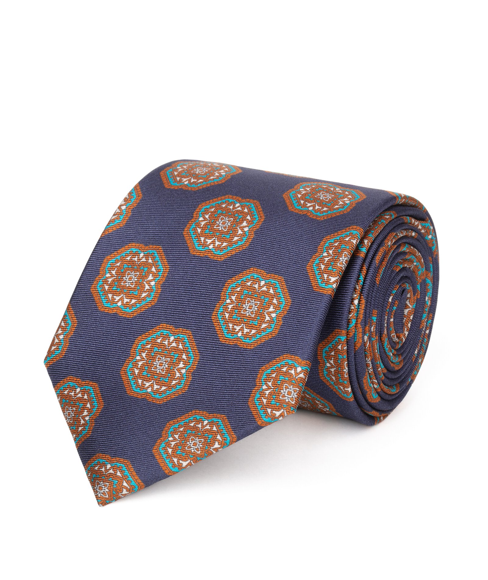 Image of Cravatta su misura, Lanieri, Blu floreale Marrone in twill di Seta, Quattro Stagioni | Lanieri