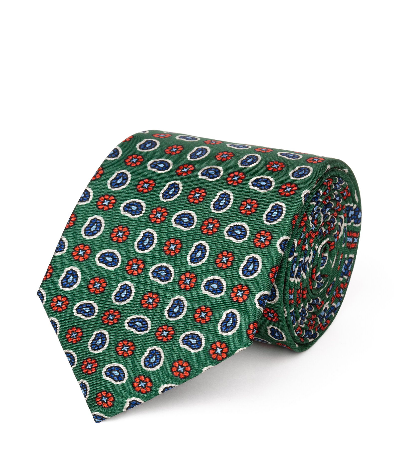 Image of Cravatta su misura, Lanieri, Verde floreale blu e arancio in twill di Seta, Quattro Stagioni | Lanieri