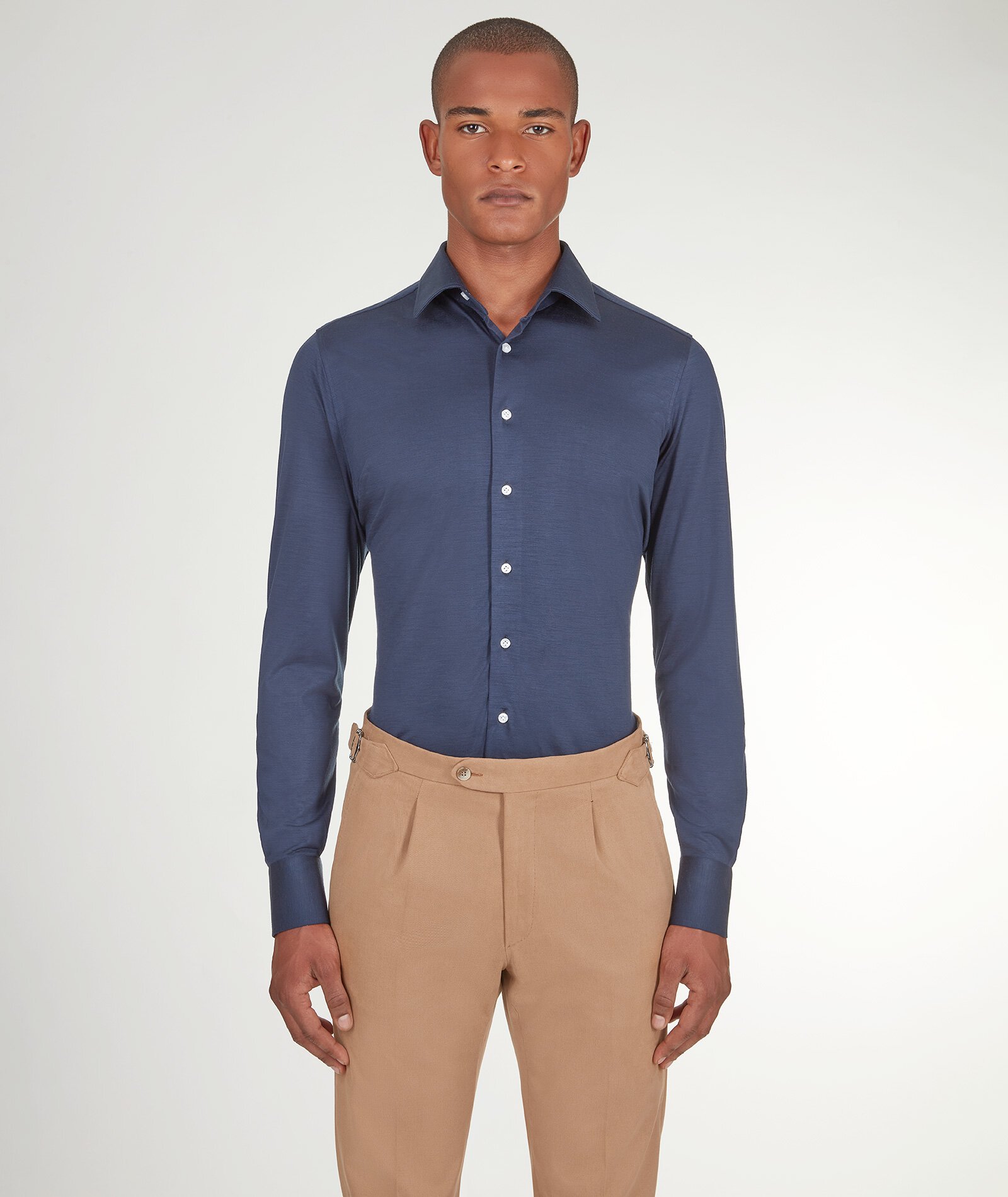 Image of Camicia da uomo su misura, Reda Active, Blu in Jersey di Lana, Quattro Stagioni | Lanieri