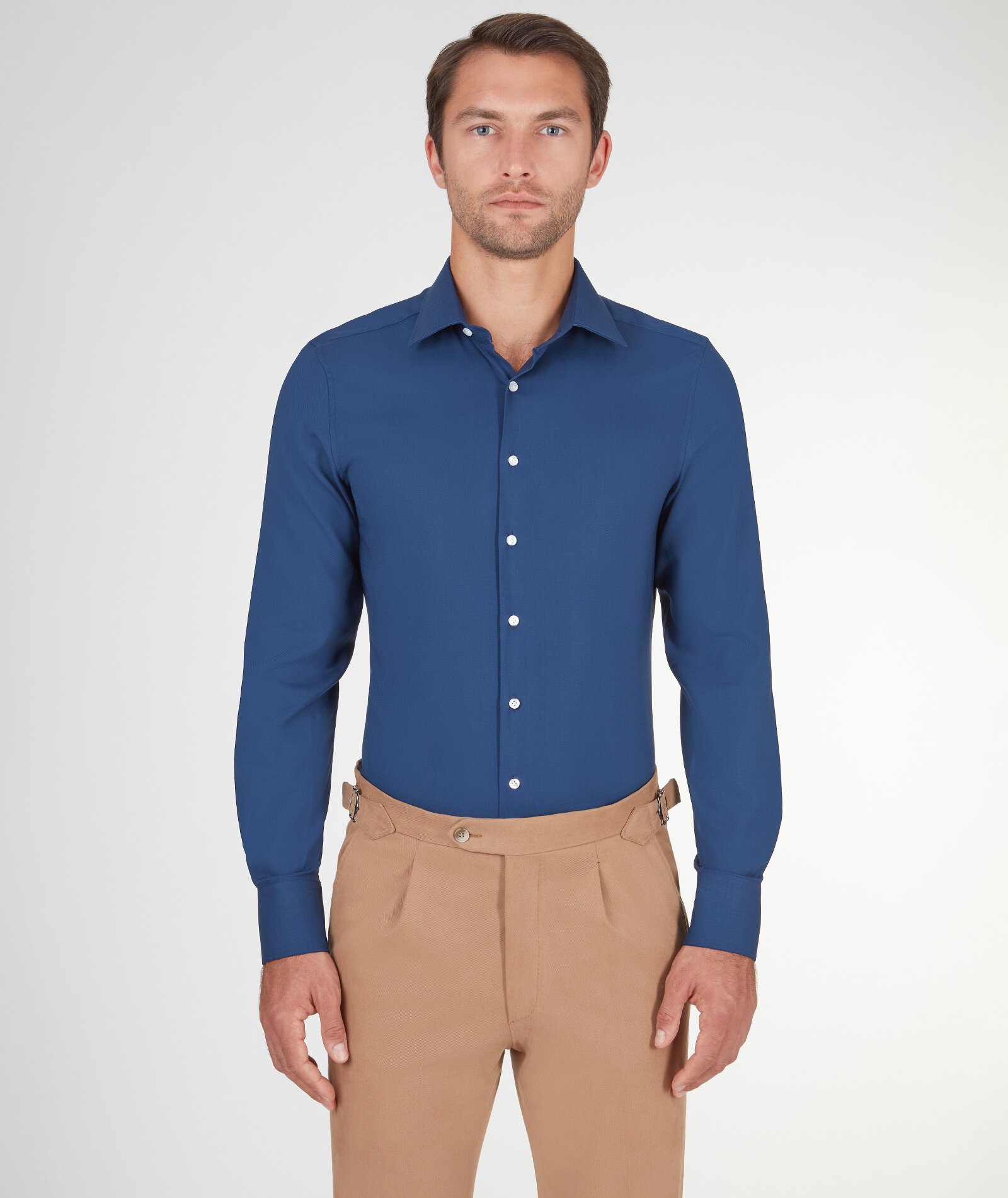 Image of Camicia da uomo su misura, Lanificio Zignone, Blu in Twill di Lana, Quattro Stagioni | Lanieri